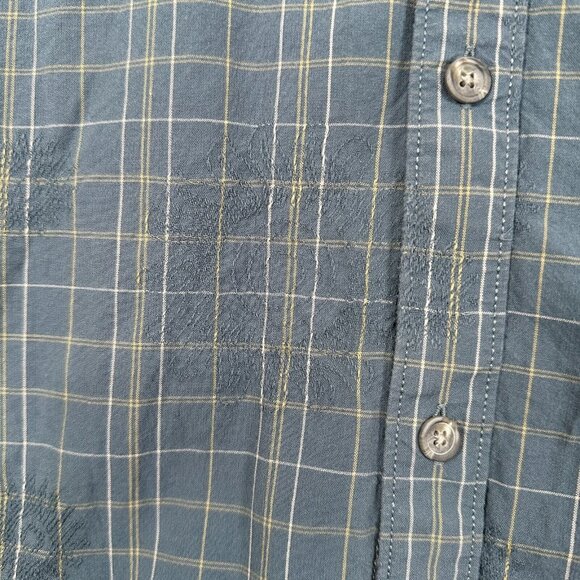 REI Mens Size XL Shirt Short Sleeve Button Front Blue Plaid Y2K Embroidered Sun - Picture 12 of 15